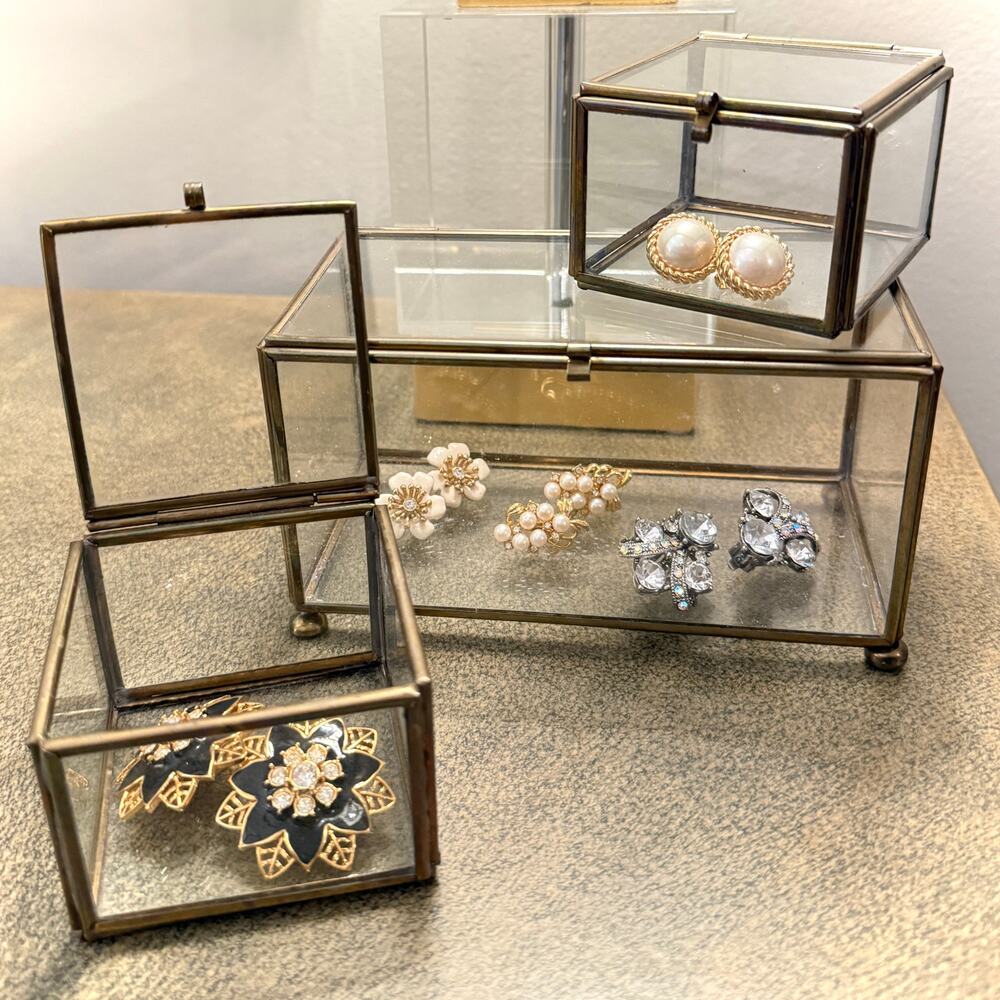 Vintage Brass Glass Jewelry Display Boxes Set of 3 Hinged Keepsake Curio Boxes